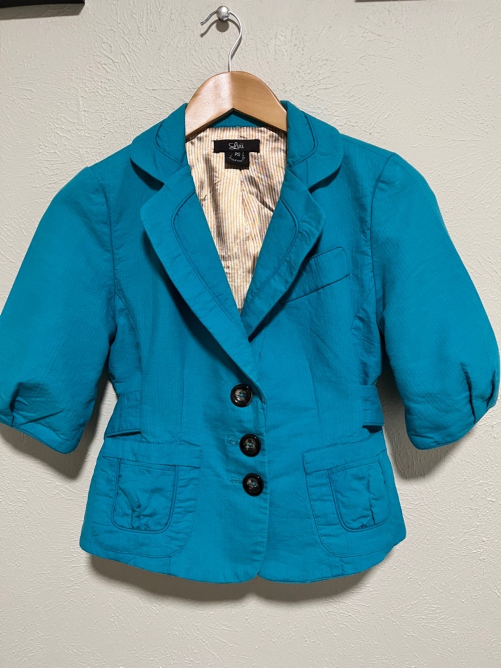 Luii by Anthropologie Turquoise 3/4 Sleeve Tailored Blazer Lined Petite Small